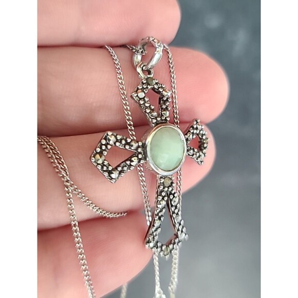 925 Sterling Silver Amazonite Marcasite Cross Pendant Necklace Vintage - Picture 2 of 10